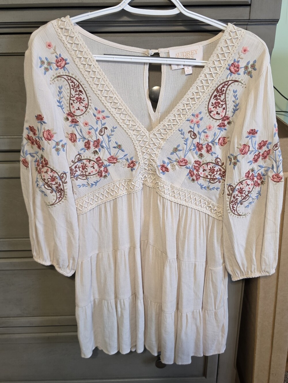 Francesca's Collections Cream Midi Dress with Pink & Blue Floral Embroidery